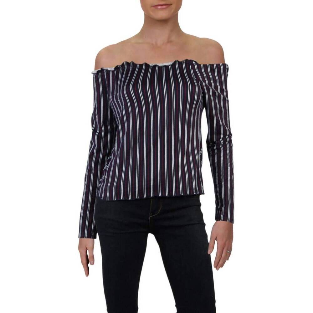 NEW ULTRA FLIRT striped off shoulder top in navy/burgundy